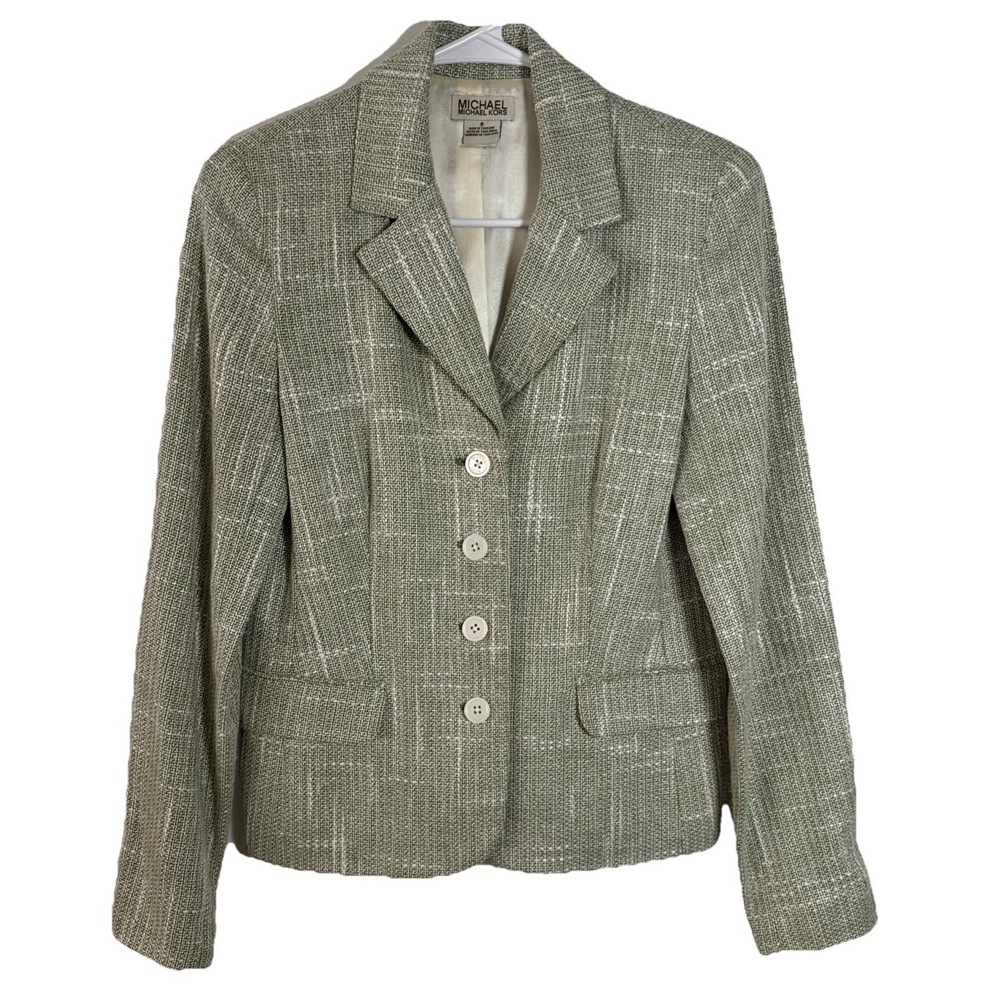 Michael Kors Womens Linen Blend Blazer Jacket Size 8 Light Green Textured Summer